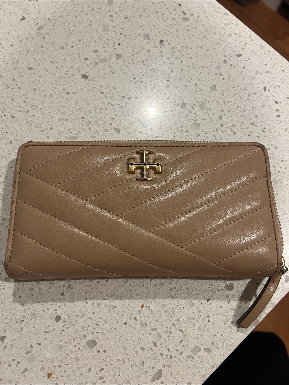 Tory Burch Beige Quilted Zip-Around Wallet with Gold Logo